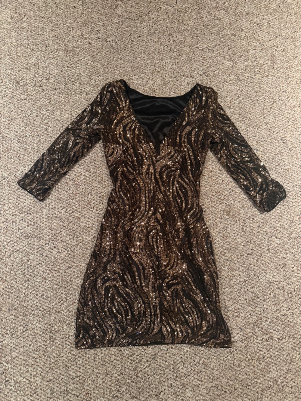 Aidan Mattox Black and Gold Sequined V-Neck Sheath Dress